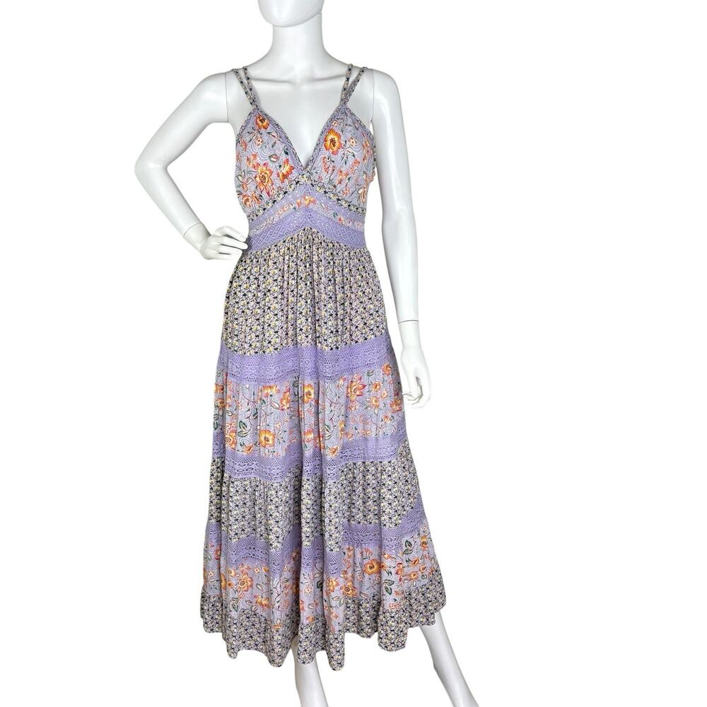 Angie Patchwork Maxi Dress V‑Neck Lace Floral Lavender Boho Cottagecore Size L
